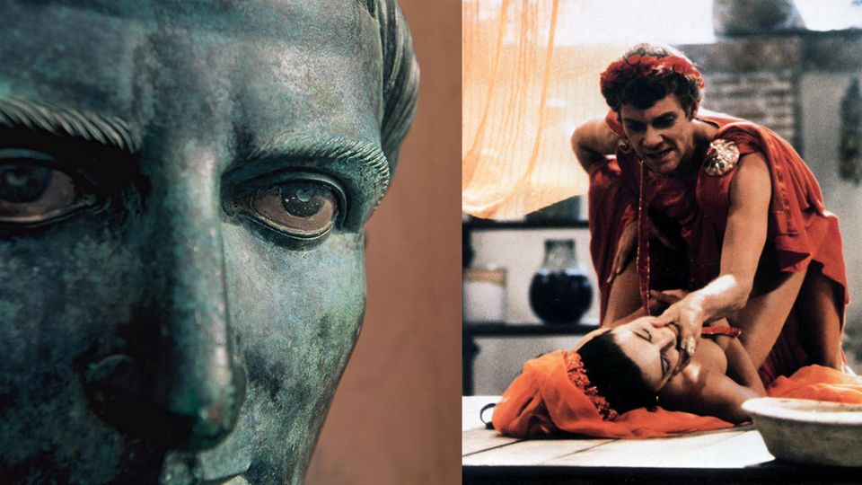 Caligula in einer Büste und im gleichnamigen Film.