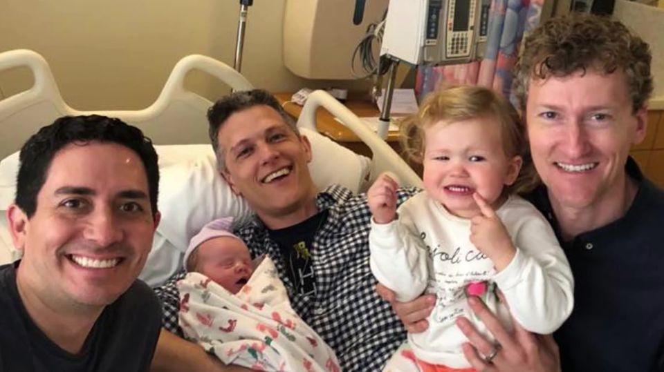 Piper ist das erste Kind mit drei Vätern Die drei Väter mit Tochter Piper bei der Geburt von Baby Parker