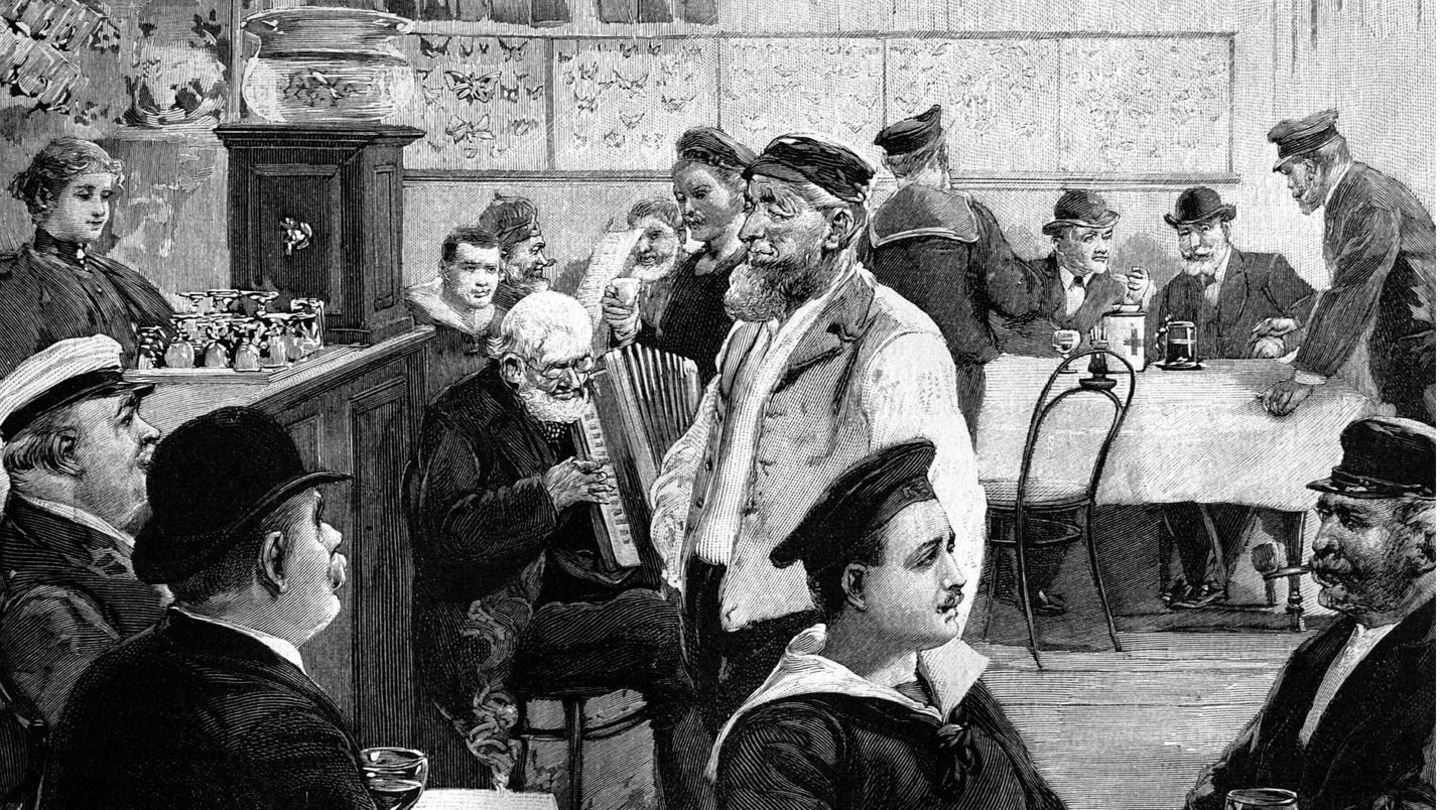 In der Seemannsschenke an Hamburgs Wasserkant, eine Illustration von Seemännern aus dem Jahr 1888