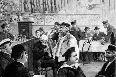 In der Seemannsschenke an Hamburgs Wasserkant, eine Illustration von Seemännern aus dem Jahr 1888