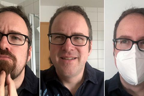 Erlangens Oberbürgermeister Florian Janik (SPD) mit Bart, ohne Bart und mit einer FFP2-Maske