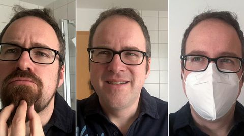 Erlangens Oberbürgermeister Florian Janik (SPD) mit Bart, ohne Bart und mit einer FFP2-Maske