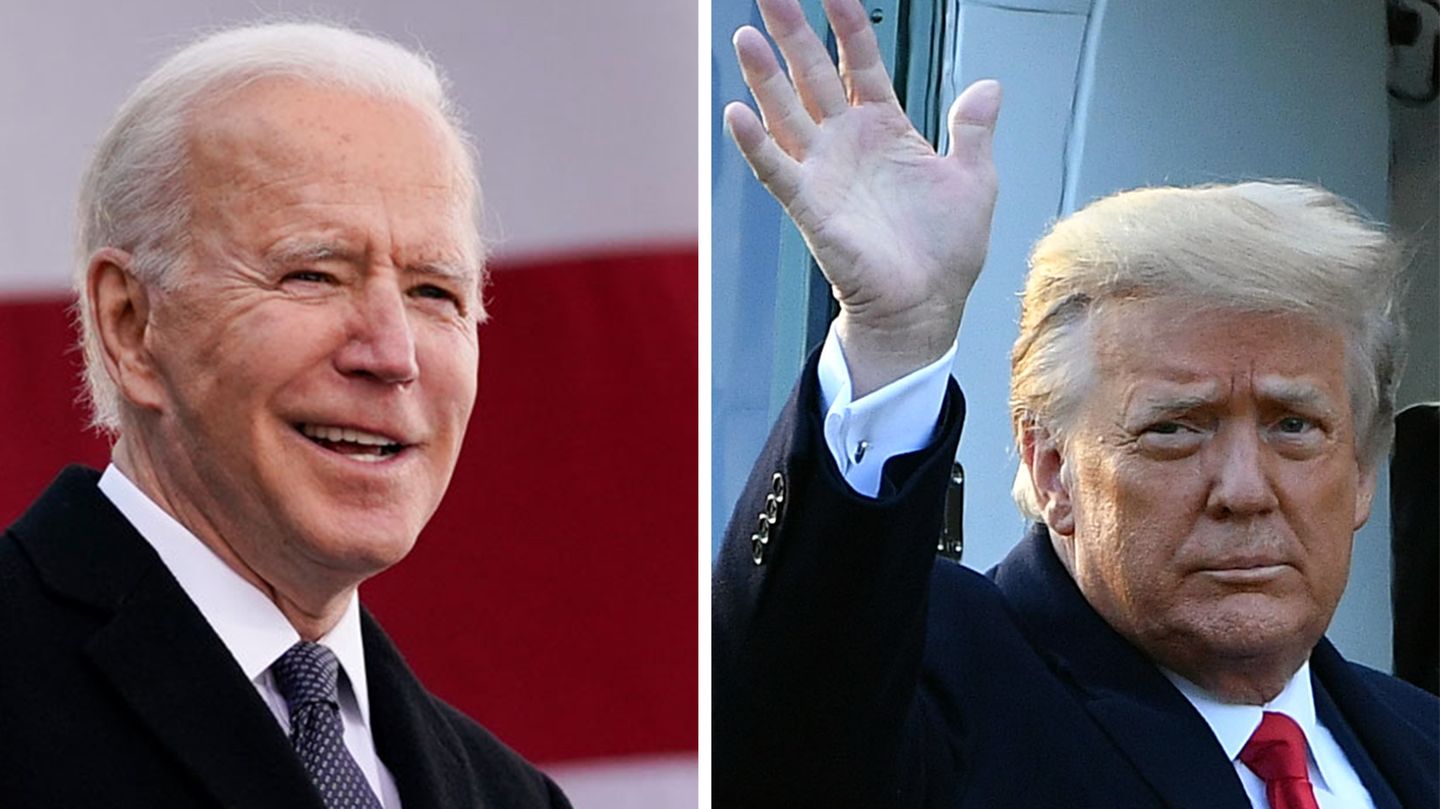 Donald Trump steigt in Helikopter, Joe Biden vor einer USA-Fahne