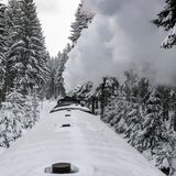 Perspektivenwechsel: Eingleisig geht es durch den frisch verschneiten Wald