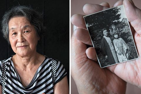 Poträt von Mitsuko Minakawa / Kinderfoto in den Händen von Minakawa