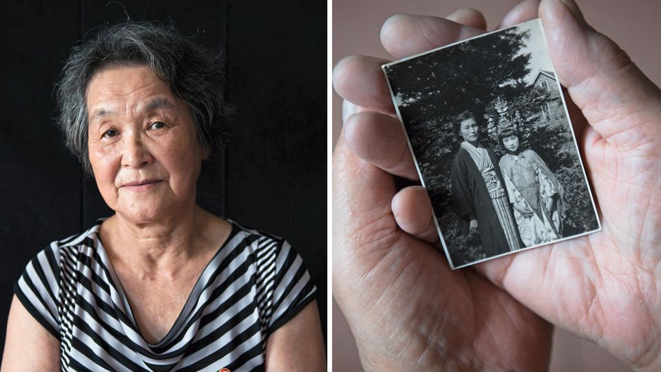 Poträt von Mitsuko Minakawa / Kinderfoto in den Händen von Minakawa