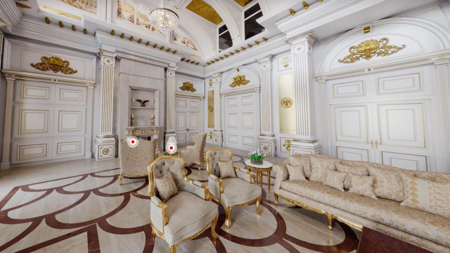 Das sogenannte Lesezimmer im Palast von Wladimir Putin ist ganz in Weiß und Gold gehalten 