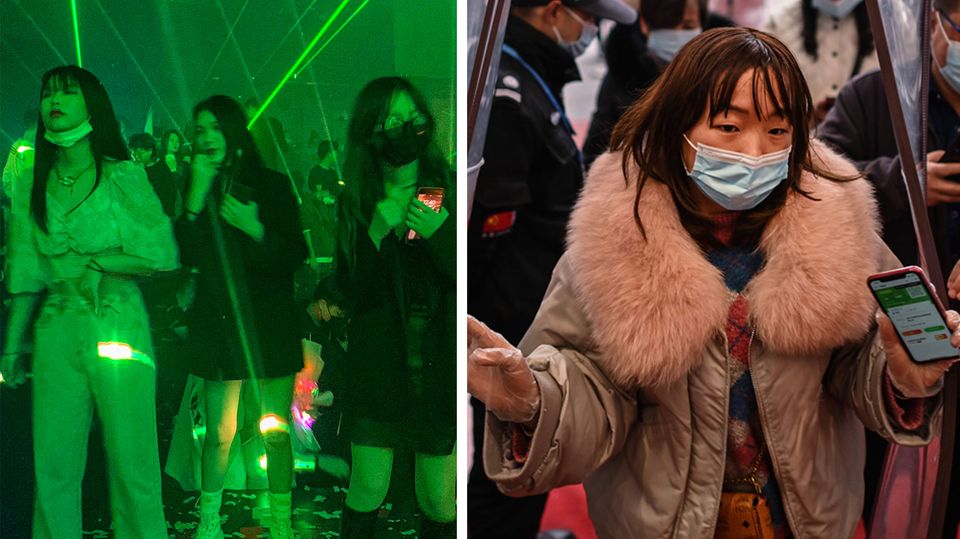 Tanzende Menschen in Nachtclub und Frau mit Maske in Wuhan