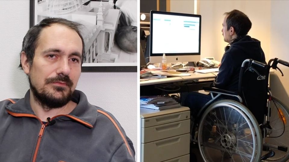 Links sitzt ein junger Mann mit schwarzem Vollbart und grauer Trainingsjacke, rechts sitzt der selbe Mann vor Computermonitoren