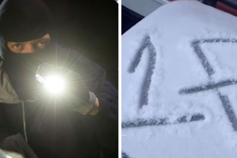 Ein Einbrecher leuchtet mit einer Taschenlampe in ein zerbrochenes Fenster und eine Eins und ein F in Schnee gemalt