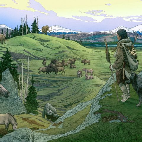 Eiszeit: Auf einer kleinen Insel der Fruchtbarkeit haben sich Wölfe und Menschen aneinander gewöhnt. In einer kleinen Insel der Fruchtbarkeit haben sich Wölfe und Menschen aneinander gewöhnt.