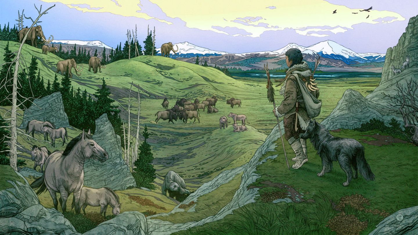 Eiszeit: Auf einer kleinen Insel der Fruchtbarkeit haben sich Wölfe und Menschen aneinander gewöhnt. In einer kleinen Insel der Fruchtbarkeit haben sich Wölfe und Menschen aneinander gewöhnt.