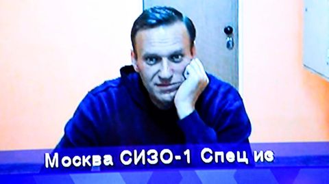 Alexej Nawalny im Moskauer Landgericht. Journalisten bekamen ihn nur auf dem Fernsehbildschirm zu sehen. 