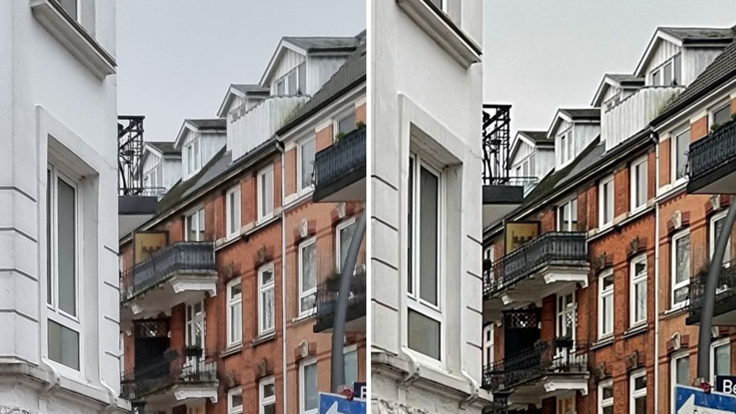 Zoomt man in dasselbe Foto sehr nah hinein, sieht man die Unterschiede in der Bildberechnung. Das Galaxy (links) verliert dann im Vergleich zum iPhone etwas an Natürlichkeit. Das fällt aber nur bei sehr genauem Hinsehen auf.