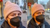 Beim Porträtmodus unterscheiden sich das Galaxy (links) und das iPhone in erster Linie darin, dass Samsung die Person deutlich näher heran holt. Der Unschärfeeffekt (Bokeh) ist bei beiden gelungen, das iPhone lässt Fussel an der rechten Seite der Wollmütze etwas besser verschwinden.