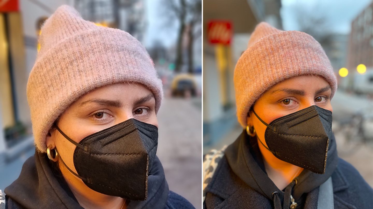 Beim Porträtmodus unterscheiden sich das Galaxy (links) und das iPhone in erster Linie darin, dass Samsung die Person deutlich näher heran holt. Der Unschärfeeffekt (Bokeh) ist bei beiden gelungen, das iPhone lässt Fussel an der rechten Seite der Wollmütze etwas besser verschwinden.