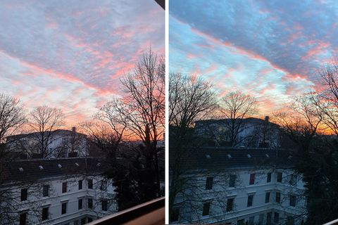 War Samsung lange für das Überbetonen der Farben bekannt, ist das beim Galaxy S21 überraschenderweise anders. Der Hamburger Sonnenaufgang im Winter mag beim iPhone (rechts) übertrieben wirken, ist aber näher an der Wahrnehmung des menschlichen Auges. Das Galaxy wirkt dagegen etwas zu blass.