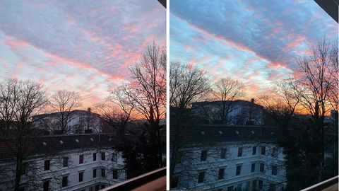 War Samsung lange für das Überbetonen der Farben bekannt, ist das beim Galaxy S21 überraschenderweise anders. Der Hamburger Sonnenaufgang im Winter mag beim iPhone (rechts) übertrieben wirken, ist aber näher an der Wahrnehmung des menschlichen Auges. Das Galaxy wirkt dagegen etwas zu blass.