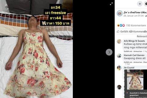 Eine Frau von den Philippinen nutze ihren schlafenden Ehemann, um Mode aus ihrem Online-Shop zu präsentieren