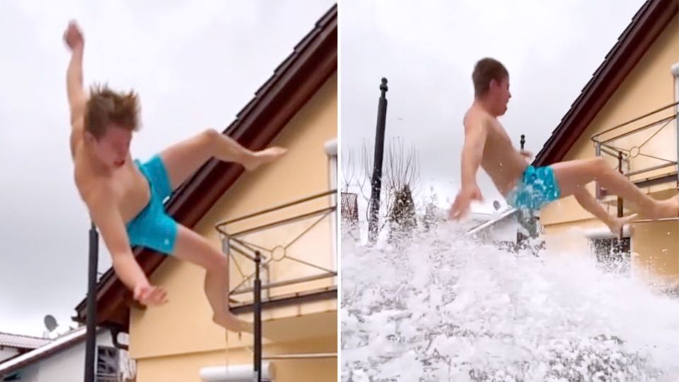 Waghalsiger Sprung auf ein Trampolin