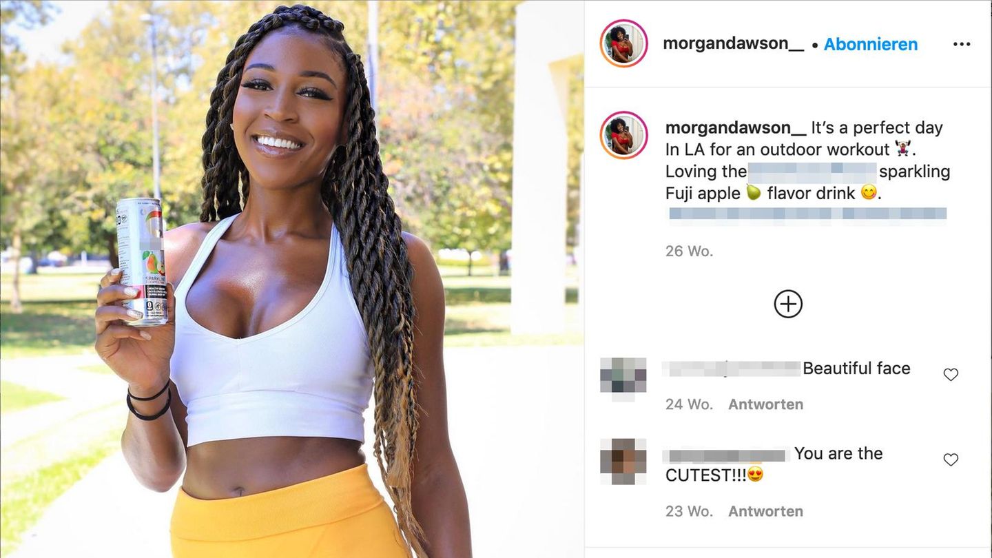Fitness-Influencerin Morgan Dawson steht in Sportkleidung im Freien