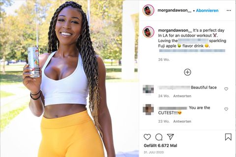 Fitness-Influencerin Morgan Dawson steht in Sportkleidung im Freien