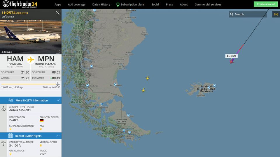 #LHLongestFlight: Eine halbe Stunde vor der Landung: LH2574 nähert sich der Militärbasis Mount Pleasant auf den Falklandinseln Eine halbe Stunde vor der Landung: LH2574 nähert sich der Militärbasis Mount Pleasant auf den Falklandinseln