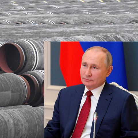 Rohre für die Ostsee-Gaspipeline Nord Stream 2. rechts: Russlands Präsident Wladimir Putin