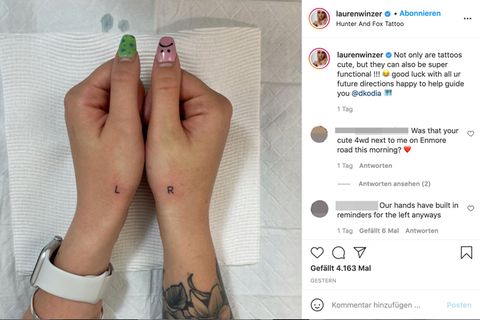 Lauren Winzer hat ihre Daumen mit L für links und R für rechts tätowieren lassen