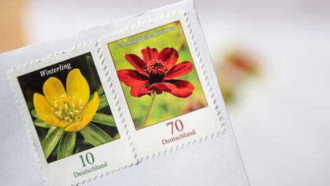 Zwei Briefmarken mit Blumenmotiv auf weißem Brief