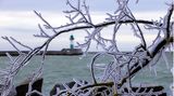 Starker Wind sorgt auf der Insel Rügen für tiefe Temperaturen. Ein dicke Eispanzer hat sich an den Zweigen von Büschen am Ufer bei Sassnitz gebildet.