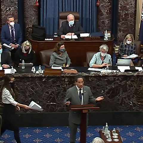 Der Anklageführer der Demokraten, Jamie Raskin (m.), steht während einer Anhörung im US-Senat vorn am Rednerpult
