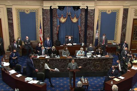 Der Anklageführer der Demokraten, Jamie Raskin (m.), steht während einer Anhörung im US-Senat vorn am Rednerpult