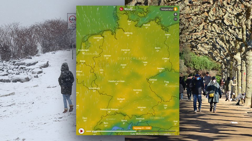Das Wetter in Deutschland schlägt um, nach dem Schnee, kommen frühlingshafte Temperaturen. Der Dienst "Windy.com" sieht für Sonntag gar Temperaturen um die 15 Grad (kleine Karte, eine interaktive Version finden Sie unten).
