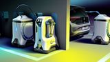 Während der Wagen parkt, nimmt der elektrische Transporter eine volle Ladeeinheit huckepack und fährt sie zum Auto