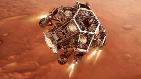 Mars Rover Perseverance kurz vor dem Aufsetzen auf den Marsboden