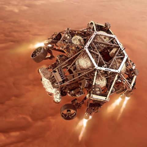 Mars Rover Perseverance kurz vor dem Aufsetzen auf den Marsboden