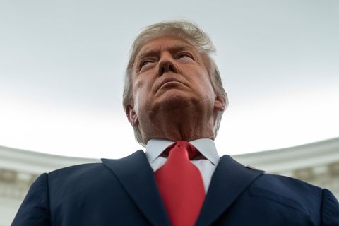 Donald aus der Froschperspektive vor weiß erleuchtetem Hintergrund