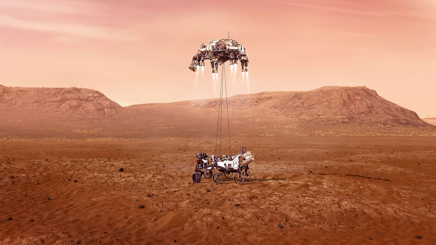 Die "sieben Minuten des Schreckens" Eine Illustration zeigt den Nasa-Rover "Perseverance" bei der Landung auf dem Mars