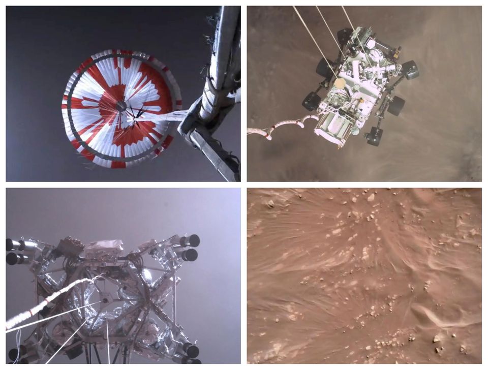 Vier Sequenzen aus dem Video der Landung von Mars-Rover Perseverance Vier Sequenzen aus dem Video der Landung von Mars-Rover Perseverance