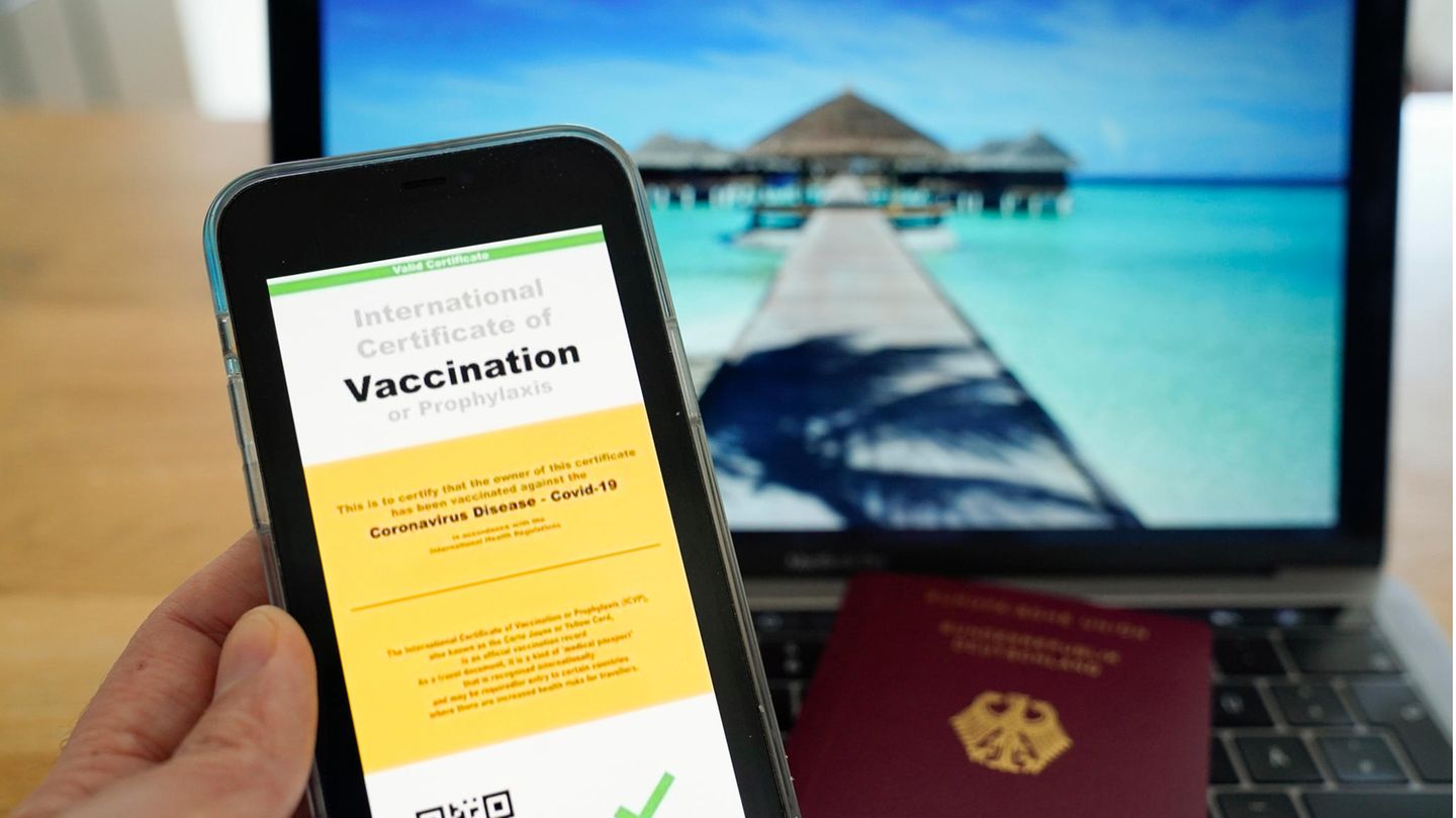 Symbolbild eines möglichen digitalen Impfpasses der Europäischen Union und eines deutschen Reisepasses
