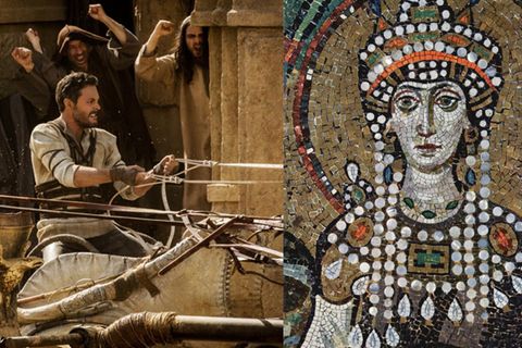 Die Zirkusparteien rechneten nicht mit der Entschlossenheit der Kaiserin. Das Mosaik ist in Ravenna erhalten geblieben, das Wagenrennen stammt aus dem Film  "Ben Hur" (2016)