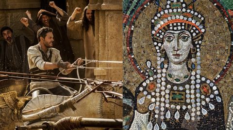 Die Zirkusparteien rechneten nicht mit der Entschlossenheit der Kaiserin. Das Mosaik ist in Ravenna erhalten geblieben, das Wagenrennen stammt aus dem Film  "Ben Hur" (2016)