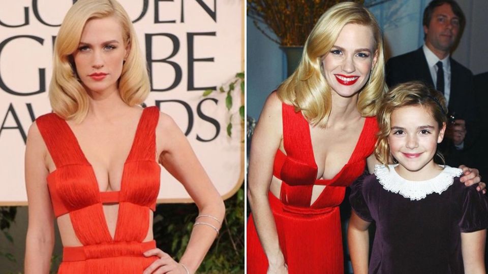 January Jones trägt zehn Jahre altes knappes Versace-Kleid – eine andere macht es ihr nach