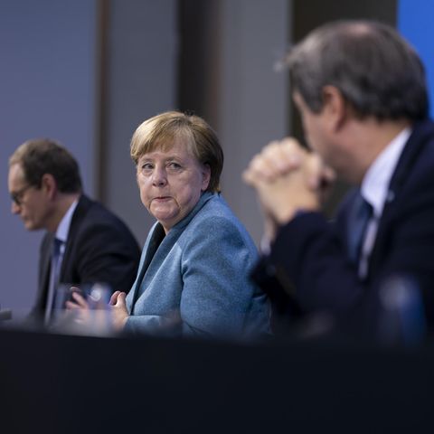 Berlins Regierender Bürgermeister Michael Müller, Bundeskanzlerin Angela Merkel und Bayerns Ministerpräsident Markus Söder