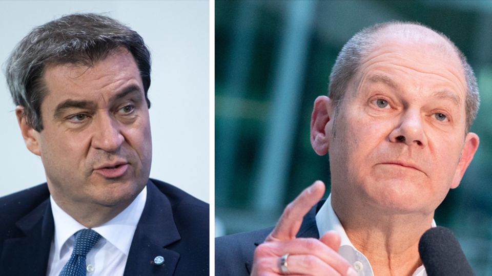 Eine Kombo zeigt links Markus Söder und rechts Olaf Scholz. Beide tragen Anzug und sprechen gerade