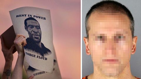 Der Polizist Derek C. und ein Bild des Afroamerikaners George Floyd