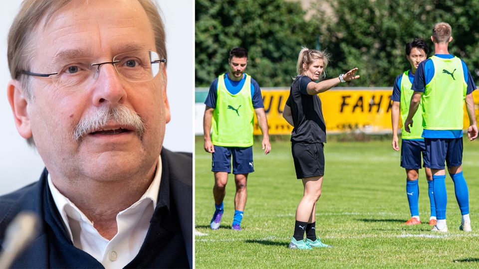 Lockerungen in Sicht: Kombo: DFB-Vize Rainer Koch (links), Imke Wübbenhorst (3.v.r), Trainerin der Sportfreunde Lotte gibt im Training Anweisungen an ihre Spieler. Kombo: DFB-Vize Rainer Koch (links), Imke Wübbenhorst (3.v.r), Trainerin der Sportfreunde Lotte gibt im Training Anweisungen an ihre Spieler.