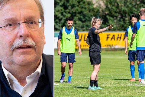Kombo: DFB-Vize Rainer Koch (links), Imke Wübbenhorst (3.v.r), Trainerin der Sportfreunde Lotte gibt im Training Anweisungen an ihre Spieler.