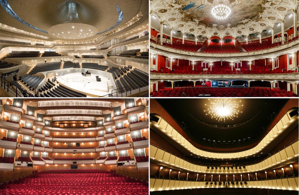 Seit dem ersten Lockdown ohne Publikum (im Uhrzeigersinn von links nach rechts): Der Große Saal in der Elbphilharmonie, das Deutsche Schauspielhaus, die Staatsoper und das Thalia Theater. 